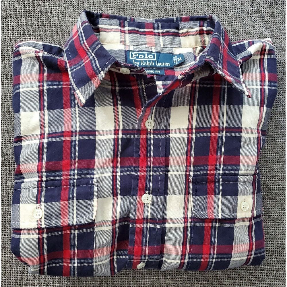 Polo Ralph Lauren Men's Long Sleeve Red Navy Plaid Long Sleeve Shirt Size Medium